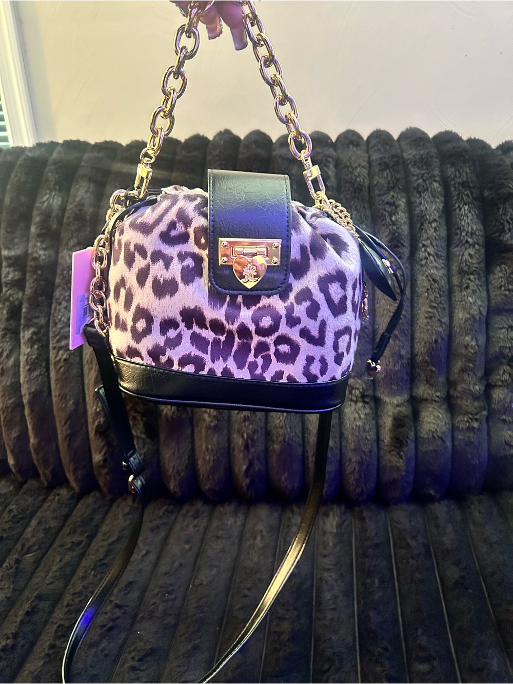 VIRAL Leopard Print Drawstring Satchel Bag in Pink and Black
